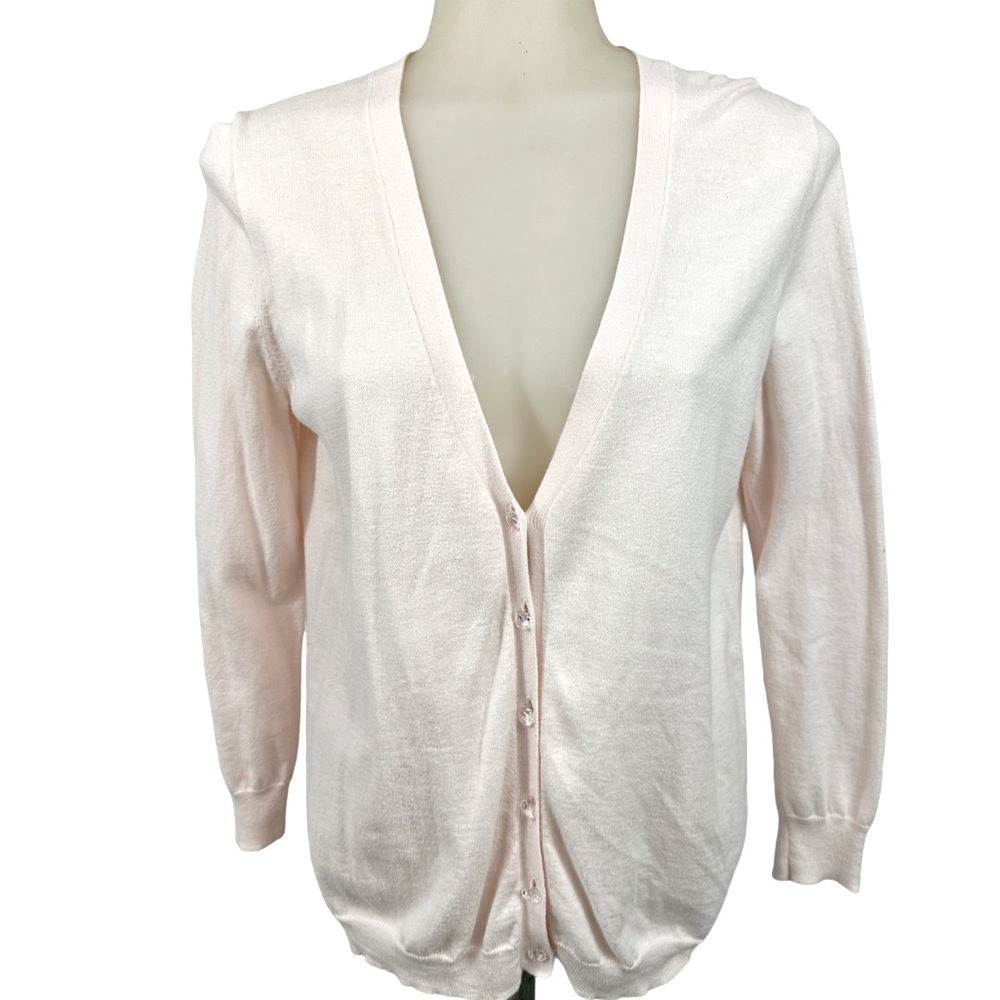 J. CREW FACTORY Sweater Lightweight Pink Crystal Button Down V Neck Long…